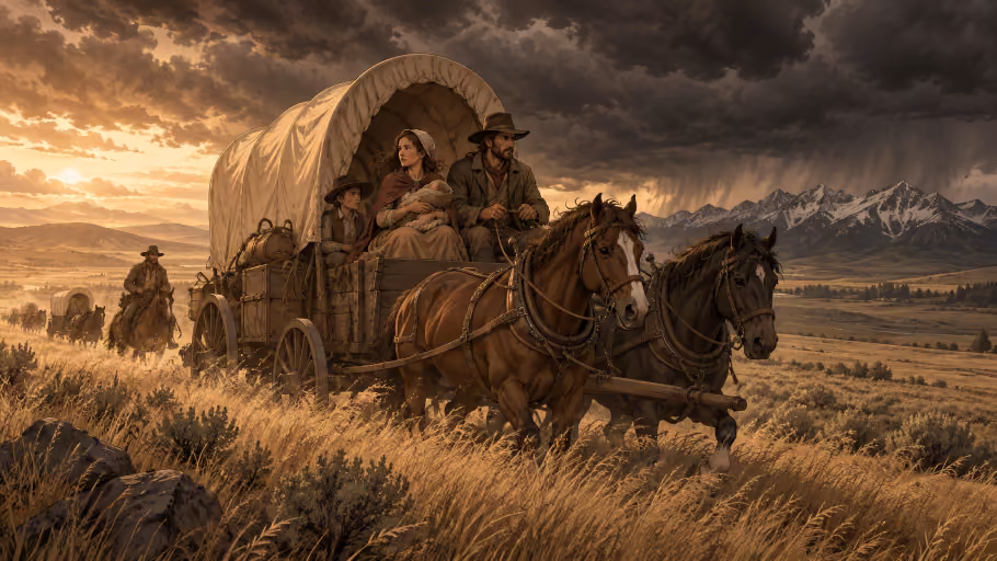 Covered frontier wagon on the journey west